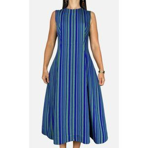COS Blue Green Striped Sleeveless Viscose Blend A Line Midi Dress